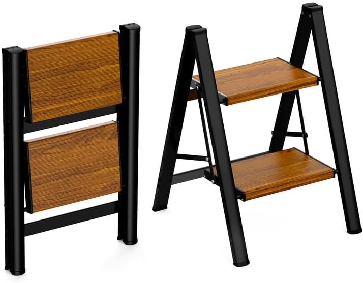 HBTower Step Ladder,Lightweight Aluminum Folding Step Stool with Anti-Slip Wide Pedal,330lbs Capacity Step Ladder for Household,Kitchen,Office - BlackWoodgrain - Image 1